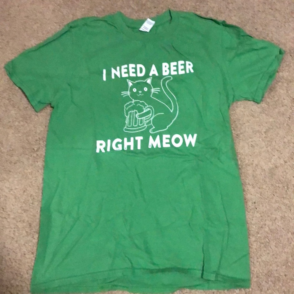 Green Cat “I need a beer right meow” shirt